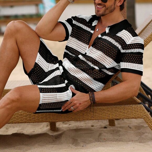 Black And White Casual Men's Hollowout Striped Crochet Knit Two-Piece Set - Picture 4 of 7
